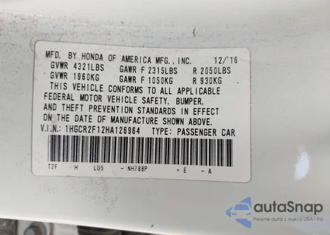 2017 Honda Accord Sport Se from USA, damaged, VIN 1HGCR2F12HA126964